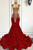 Beading Sequins Red Spaghetti Straps Mermaid Evening Dress