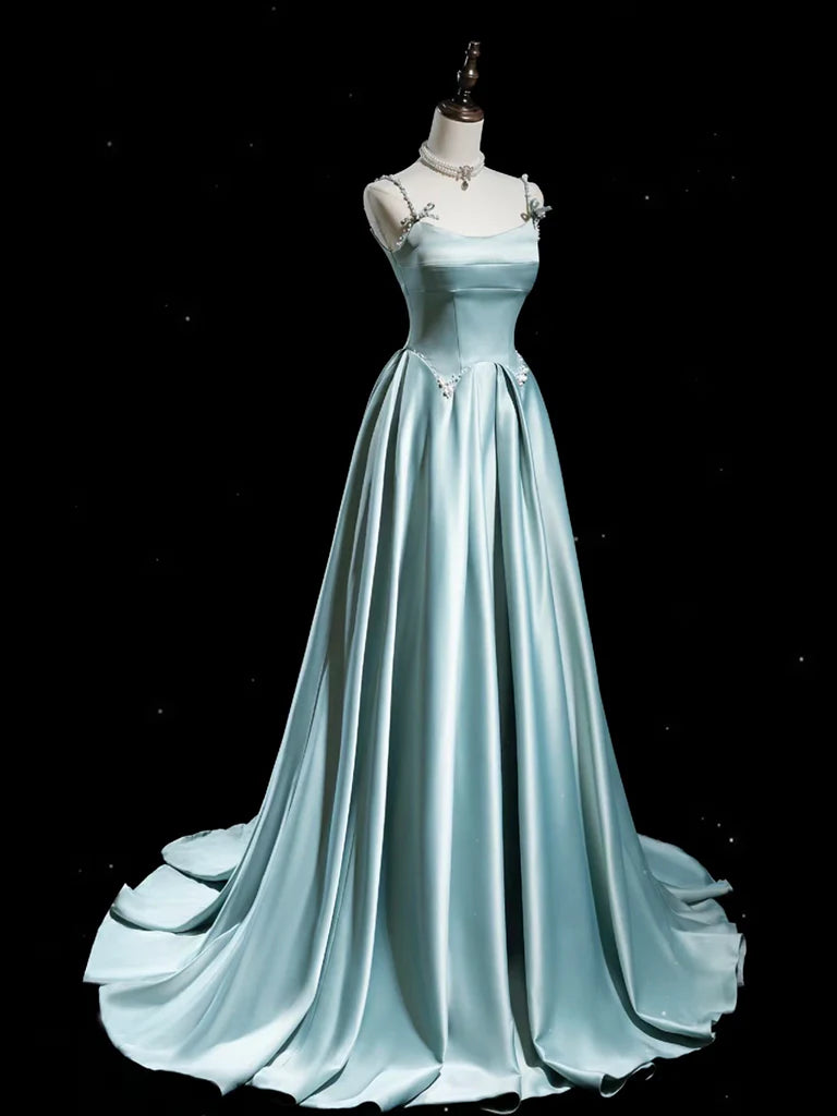 Spaghetti Straps Pearls Light Blue Satin A Line Prom Dress  Sassymyprom