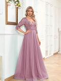 Burgundy Chiffon Half Sleeve Waist Sequin Long Dres