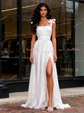 A Line Chffon White Tie Shoulder Bridesmaid Dress With Slit