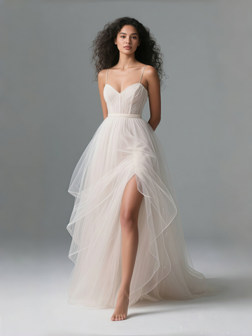 Chic Spaghetti Straps Tulle A Line Slit Wedding Dress