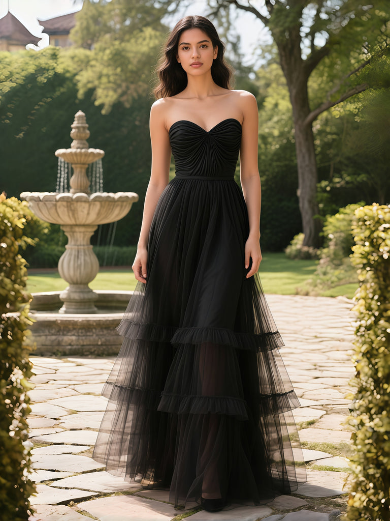 black strapless ruffle prom dress Sweetheart Strapless Ruffled Tulle Black Mermaid Prom Dresses