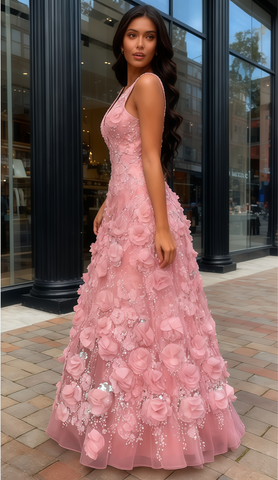 Pink A Line Flower Beading V Neck Backless Prom Dress