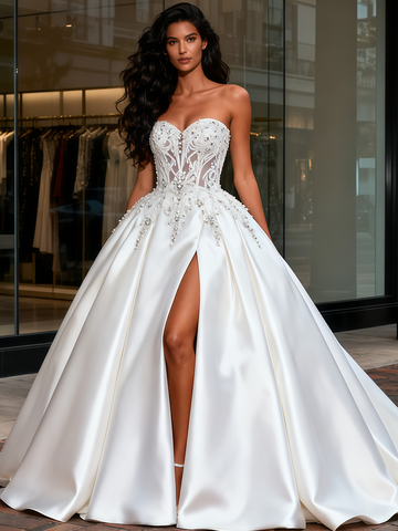 Sweetheart Beading Satin Ball Gown Wedding Dress With Slit