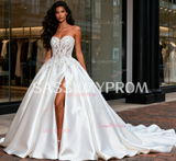 Sweetheart Beading Satin Ball Gown Wedding Dress With Slit