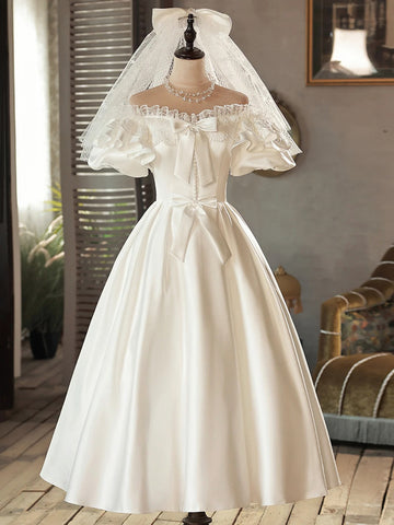 Lace Tea Length Bowknot White Satin Wedding Dress