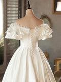Lace Tea Length Bowknot White Satin Wedding Dress
