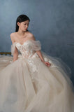 Off The Shoulder Tulle Appliques A Line Wedding Dress