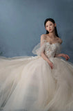 Off The Shoulder Tulle Appliques A Line Wedding Dress