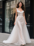 Ruffles Sequin Tulle A Line Straps Wedding Dress