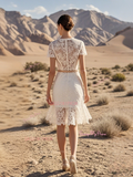 V Neck A Line Belt Lace Short Sleeve Wedding Dress