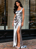 A Line Satin Gold Straps Bridesmaid Dress With Slit