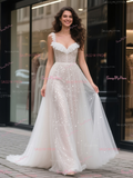 Ruffles Sequin Tulle A Line Straps Wedding Dress