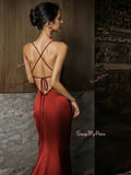 Burgundy Spaghetti Straps Satin Sheath Column Prom Dress