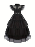 Sophisticated Black Belted Dress with Tulle Layers for Girls