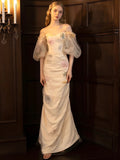Long Sleeve Off The Shoulder Flowers Tulle Wedding Dress