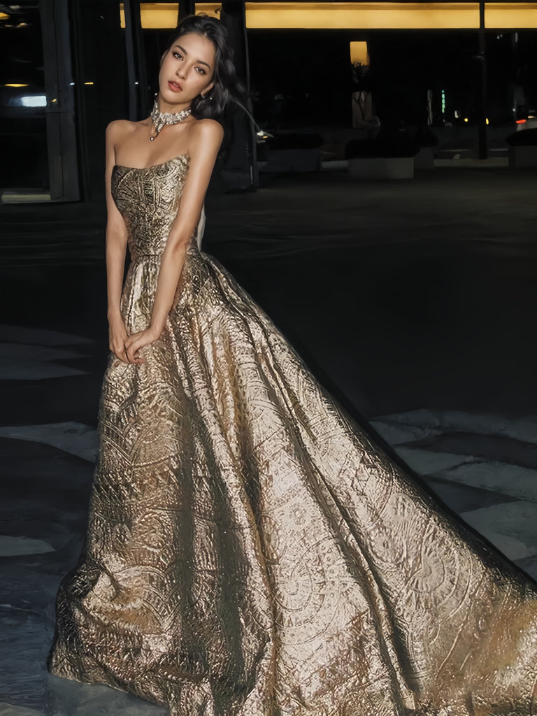 Print A Line Backless Sweethert Gold Prom Dress US2 Print A Line Backless Sweethert Gold Prom Dress US2