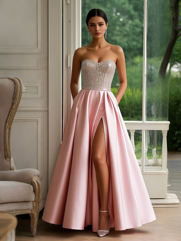Sweetheart A Line Pink Satin Prom Dress With Pockets Sassymyprom Sweetheart A Line Pink Satin Prom Dress With Pockets Sassymyprom