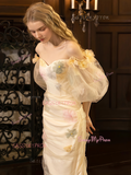 Long Sleeve Off The Shoulder Flowers Tulle Wedding Dress