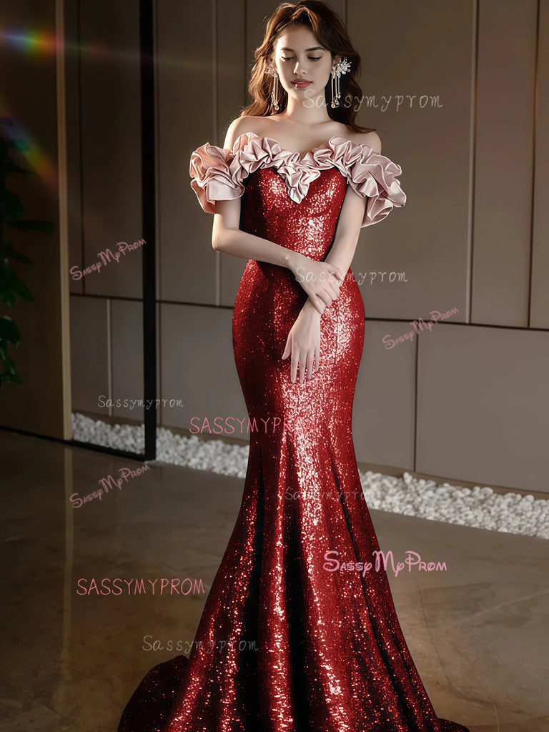 V Neck Lace Cut Out Burgundy Trumpet Mermaid Prom Dress