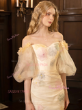 Long Sleeve Off The Shoulder Flowers Tulle Wedding Dress