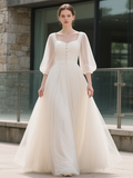Puffy Sleeve Tulle Square Half Sleeve A Line Wedding Dress