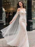 Off The Shoulder Trumpet Mermaid Tulle Beading Wedding Dress
