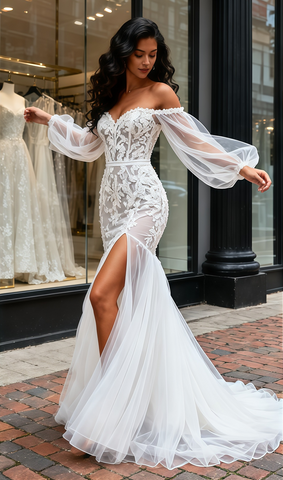 Appliques Long Sleeve Off The Shoulder Trumpet Mermaid Wedding Dress