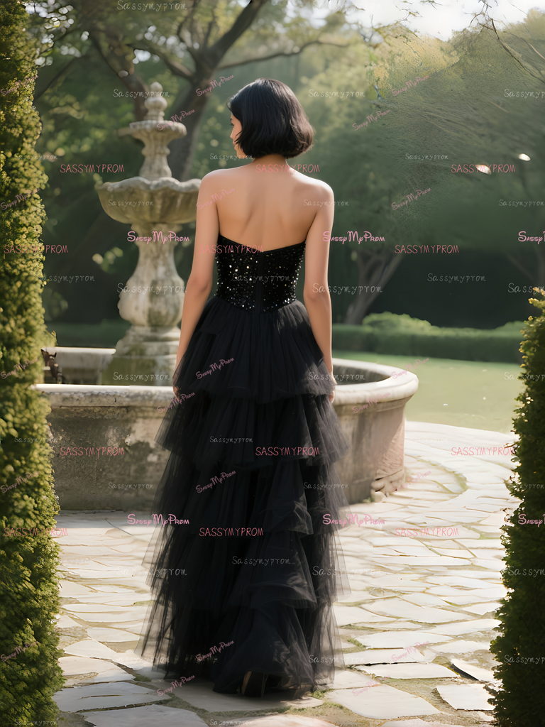 Black Sequin Sweetheart A Line Ruffles Prom Dress US4 / Yellow Black Sequin Sweetheart A Line Ruffles Prom Dress US4 / Yellow