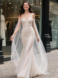 Off The Shoulder Trumpet Mermaid Tulle Beading Wedding Dress