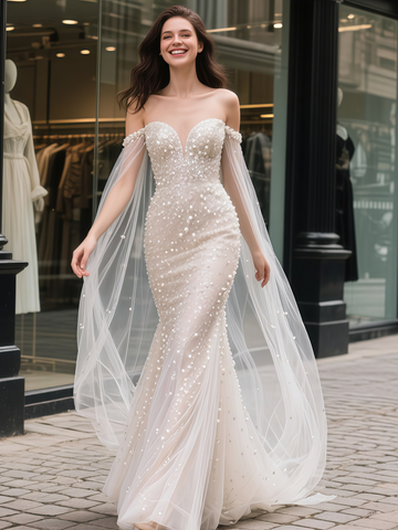 Off The Shoulder Trumpet Mermaid Tulle Beading Wedding Dress
