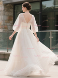 Puffy Sleeve Tulle Square Half Sleeve A Line Wedding Dress