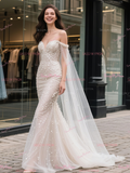 Off The Shoulder Trumpet Mermaid Tulle Beading Wedding Dress