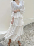 White V Neck Long Sleeve Maxi Ruffle Layered Dress