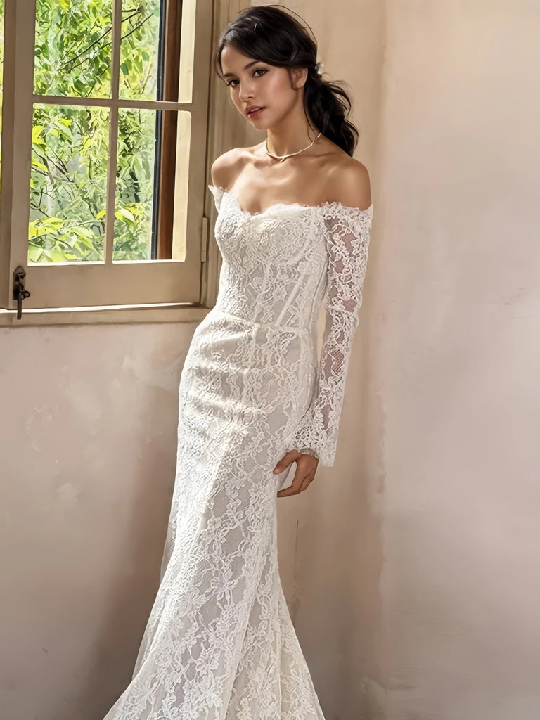 long sleeve lace wedding dress open back mermaid Charming Mermaid Lace Backless Long Sleeves Sweetheart Wedding Dresses, FC4283