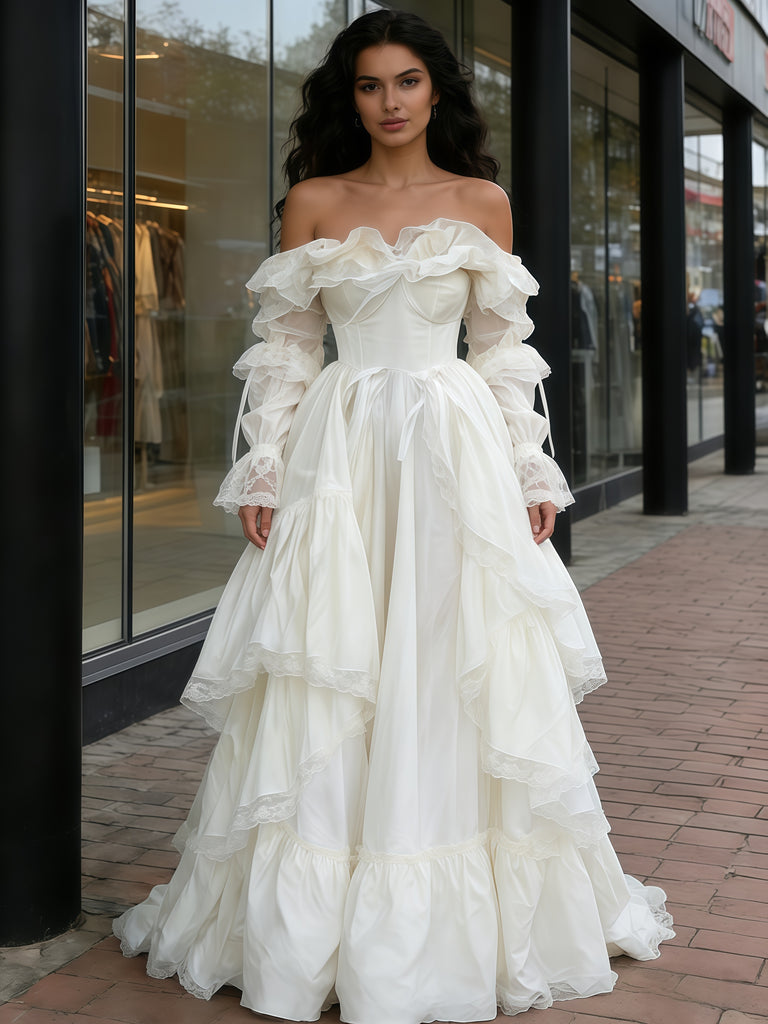 Off The Shoulder Long Sleeve Satin Vintage Wedding Dress US12 / Ivory