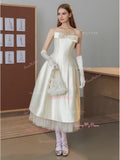 Strapless A Line Tea Length Satin Bow Wedding Dress