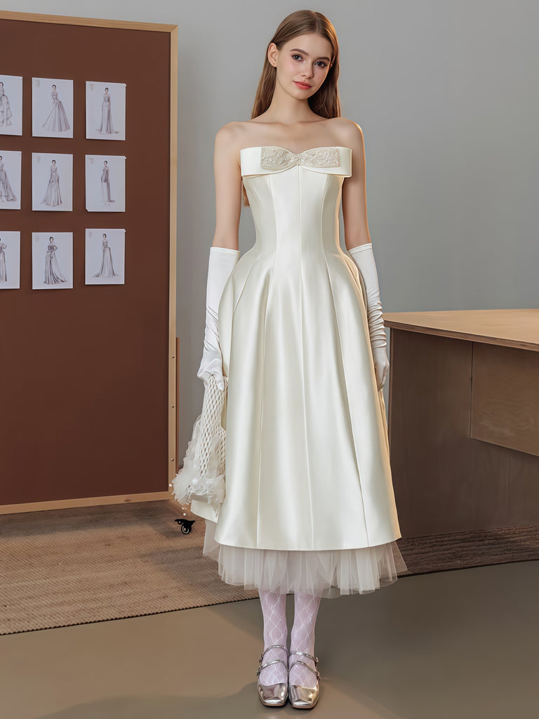 silk tea length wedding dresses A-line V Neck Satin Tea-Length Wedding Dress S3093W - Wedding Dresses