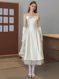 Strapless A Line Tea Length Satin Bow Wedding Dress