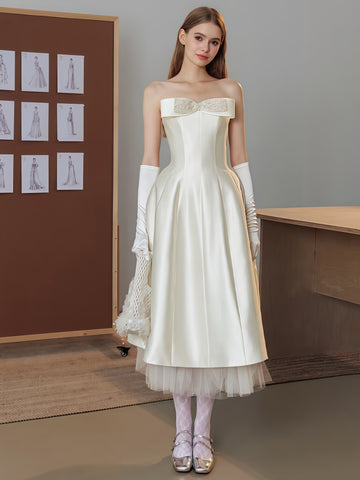 Strapless A Line Tea Length Satin Bow Wedding Dress