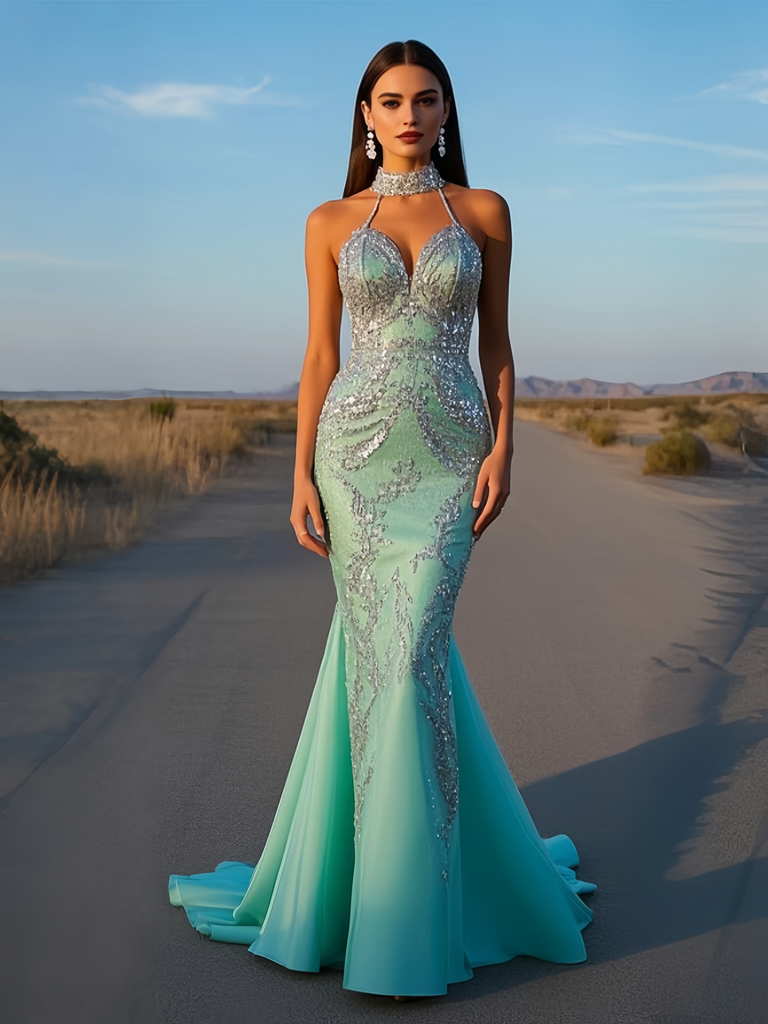 Tulle Trumpet Mermaid Mint High Neck Sparkle Prom Dress Custom Made / Blue Tulle Trumpet Mermaid Mint High Neck Sparkle Prom Dress Custom Made / Blue