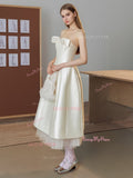 Strapless A Line Tea Length Satin Bow Wedding Dress