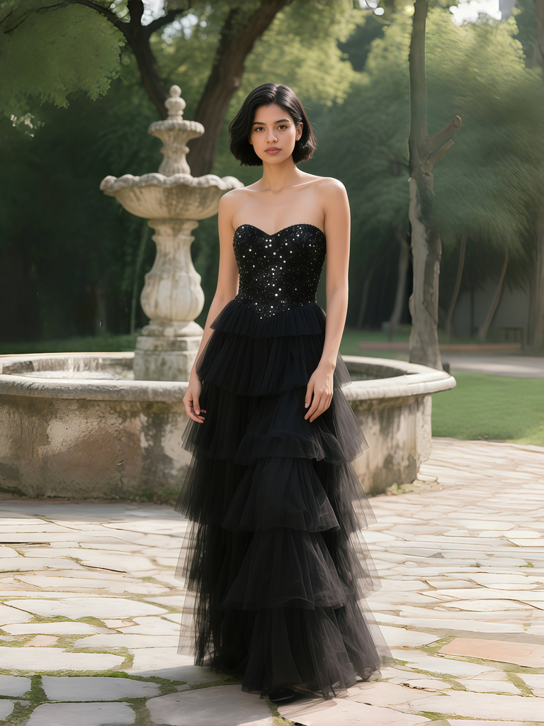 Black Sequin Sweetheart A Line Ruffles Prom Dress Sassymyprom Black Sequin Sweetheart A Line Ruffles Prom Dress Sassymyprom