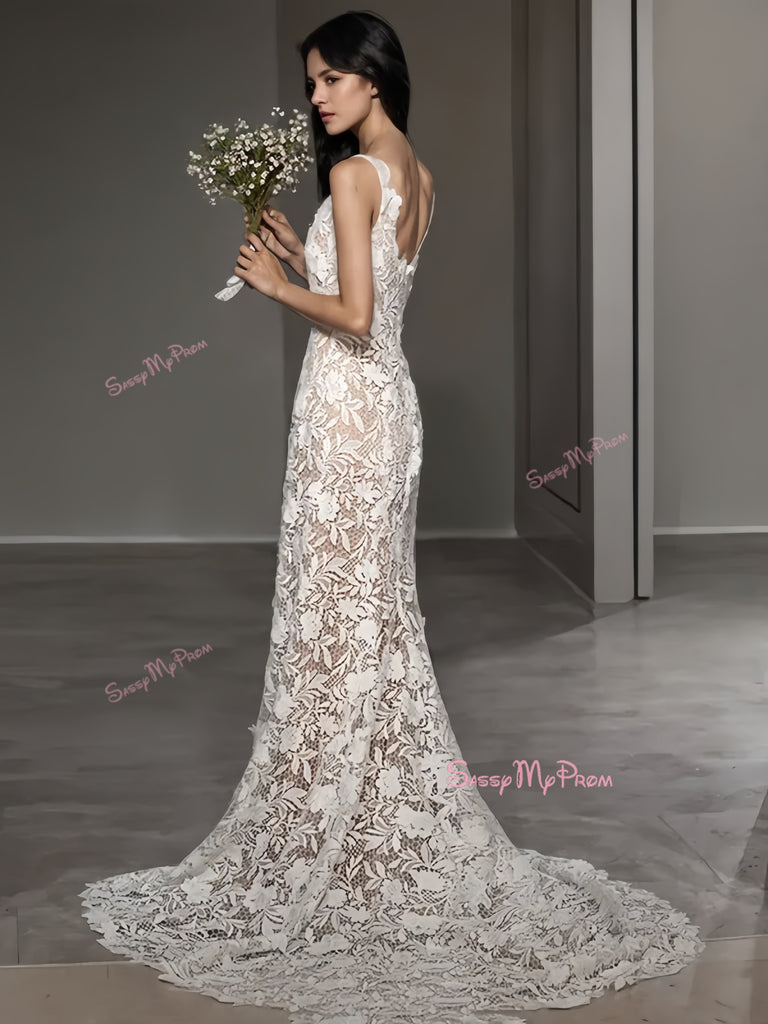 Square Neckline Sleeveless Lace Wedding Dress Front Split