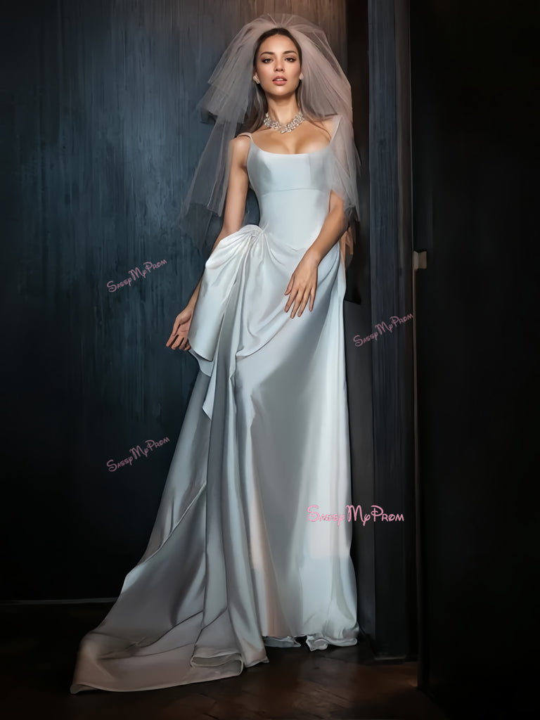 Strapless A Line Straps Satin Wedding Dress With Slit