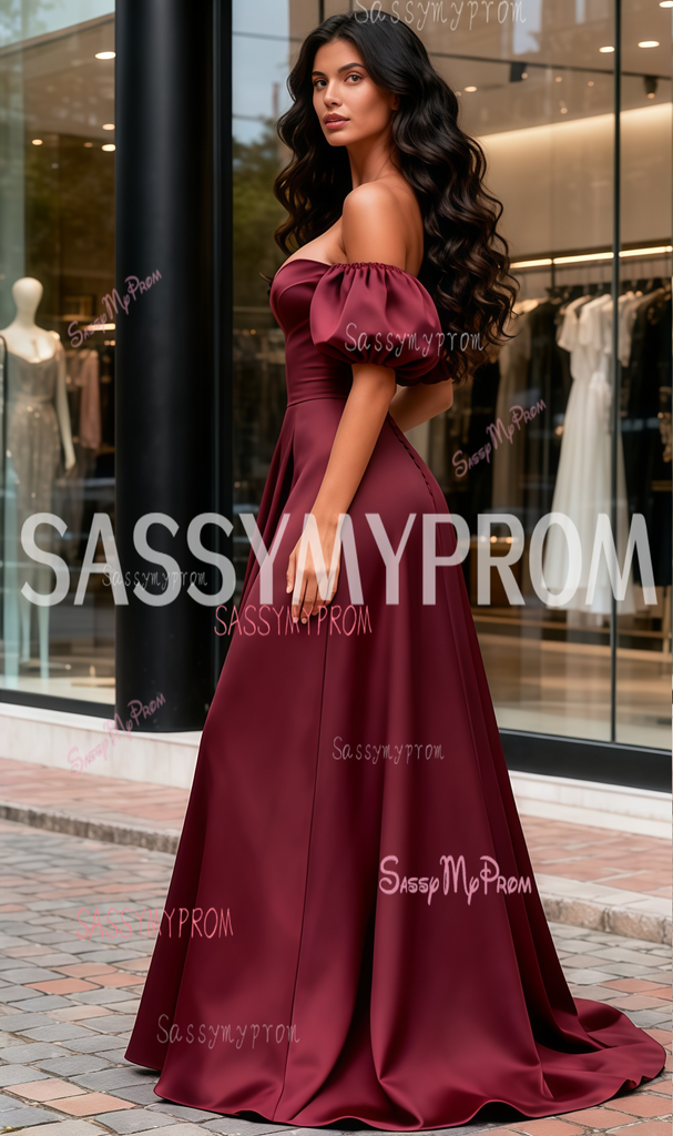 Off the Shoulder Yellow A Line Satin Slit Prom Dresses LBQ0785