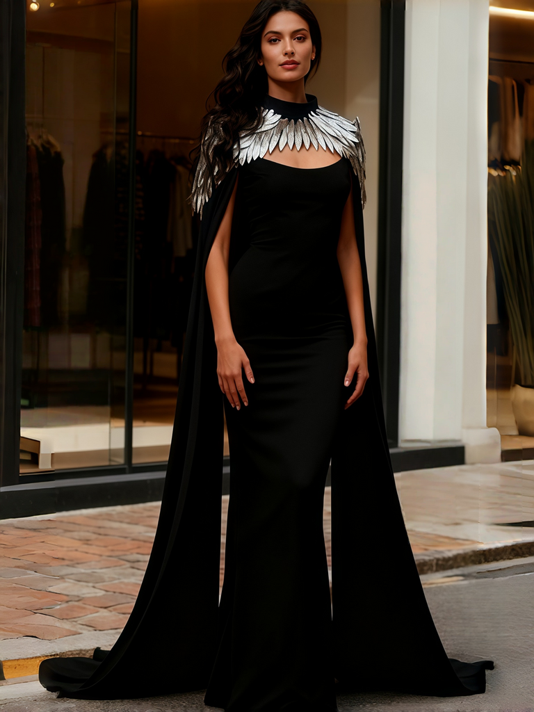 Cape Trumpet Mermaid Spandex Black Strapless Prom Dress US8 / Blue