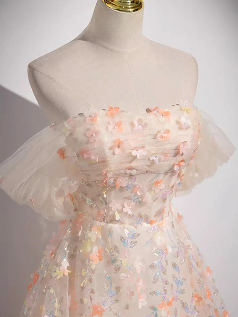 Elegant Pastel Floral Off The SHoulder Pink Prom Dress Sassymyprom Elegant Pastel Floral Off The SHoulder Pink Prom Dress Sassymyprom