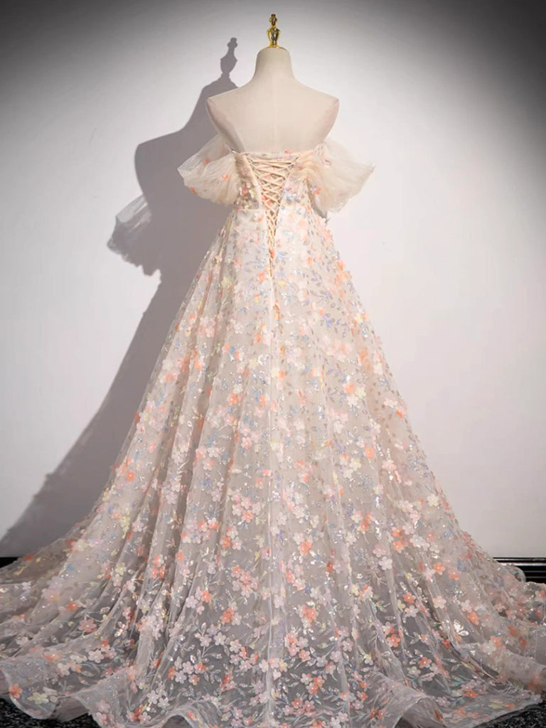 Lovely Three-Dimensional Floral Floor Length Prom Dress, Off The Shoulder Evening Party Dress US 12 / Same As Picture