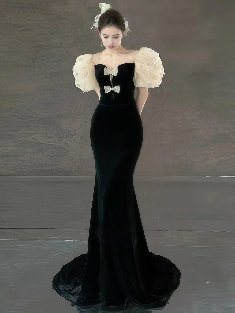 Black Velvet Long Prom Dress, Mermaid Evening Party Dress with Bow US 12 / Black Black Velvet Long Prom Dress, Mermaid Evening Party Dress with Bow US 12 / Black